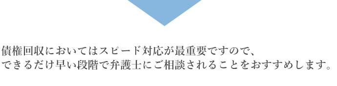 債権回収においてはスピード対応が最重要ですので、できるだけ早い段階で弁護士にご相談されることをおすすめします。